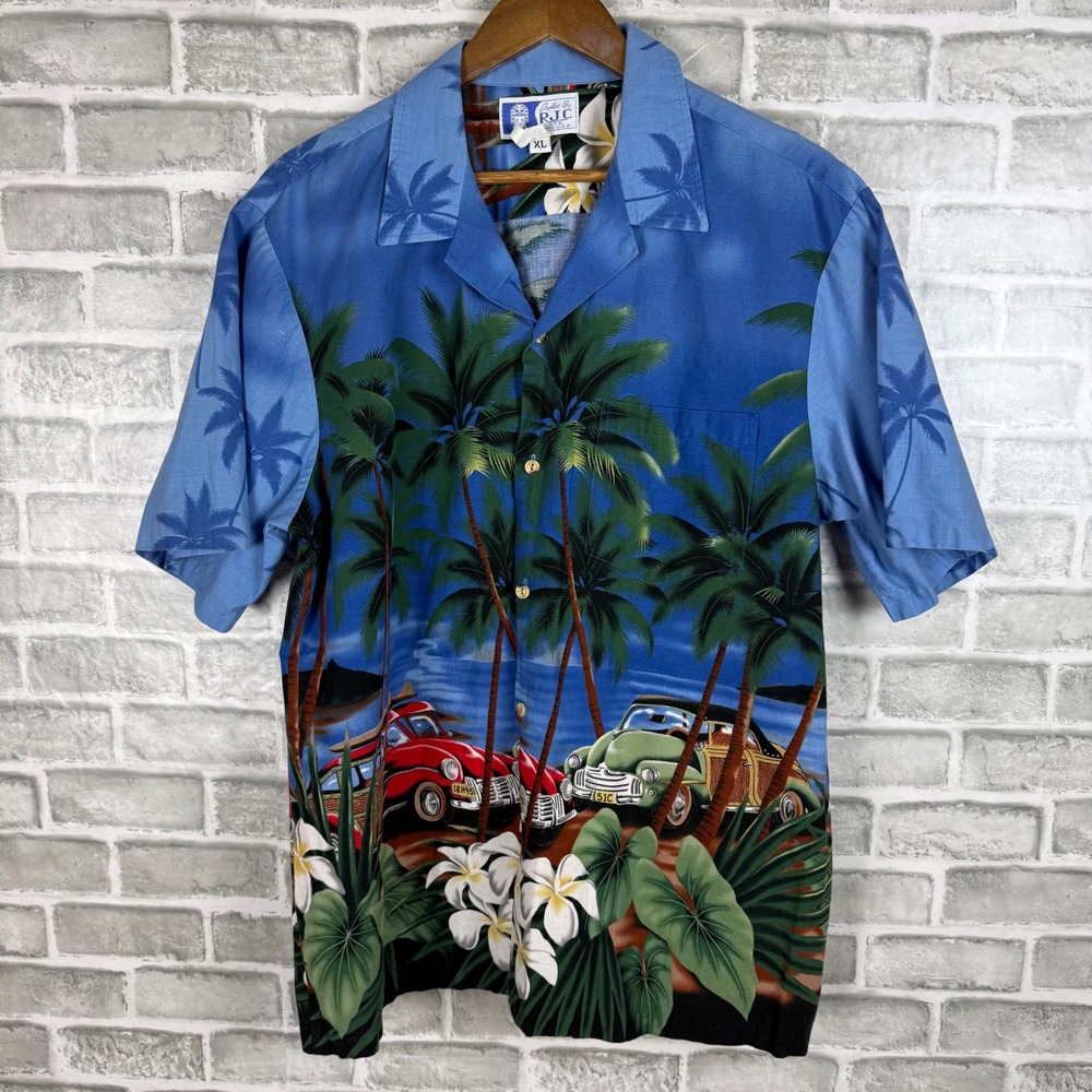 RJC Hawaiian Shirt Mens XL Blue Woodie Car Palm Tree Tropical Camp Aloha Hawaii